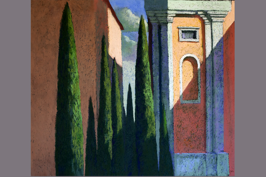 Pastel - Cyprès et façade, Orvieto - Gerard Jan