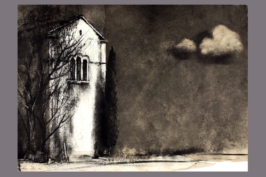Monotype - Chapelle, cyprès et nuage - Gerard Jan