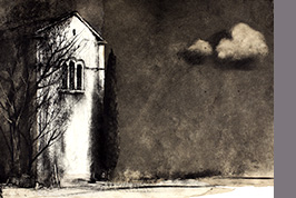 Monotype - Chapelle, cyprès et nuage - Gérard Jan