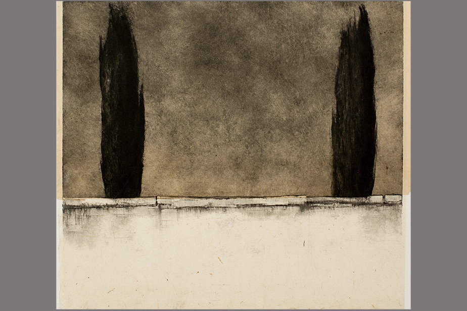 Monotype - Mur, deux cyprès - Gerard Jan
