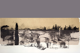 Monotype - Cyprés et village, Toscane - Gérard Jan