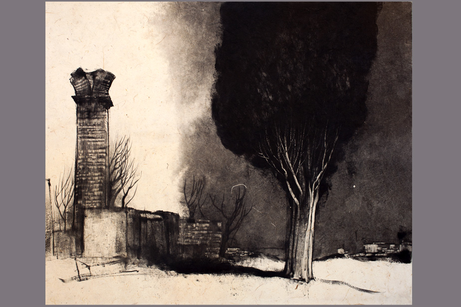 Monotype - Ruines et pin, Ostia Antica - Gerard Jan