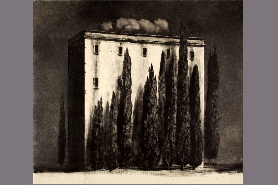 Monotype - Grand immeuble avec cyprès à Palerme - Gérard Jan