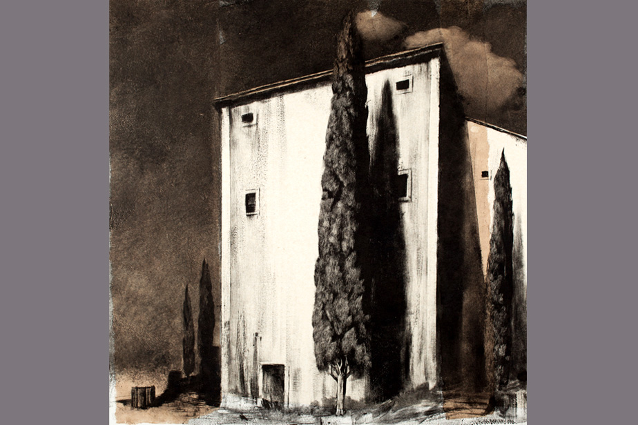 Monotype - Façade et cyprès en Espagne - Gérard Jan